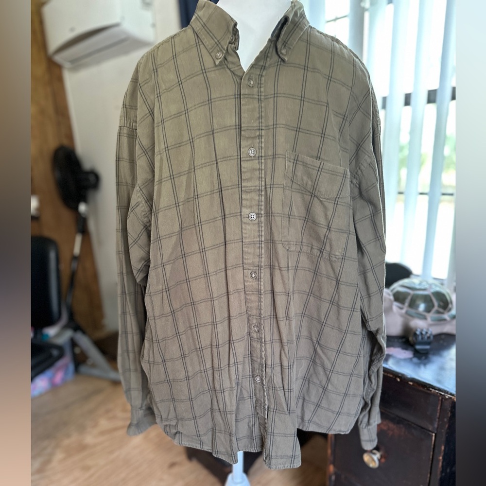 Men’s Farah Tan Plaid Heavyweight 100% Cotton Button Down Long Sleeve Shirt, 2XL